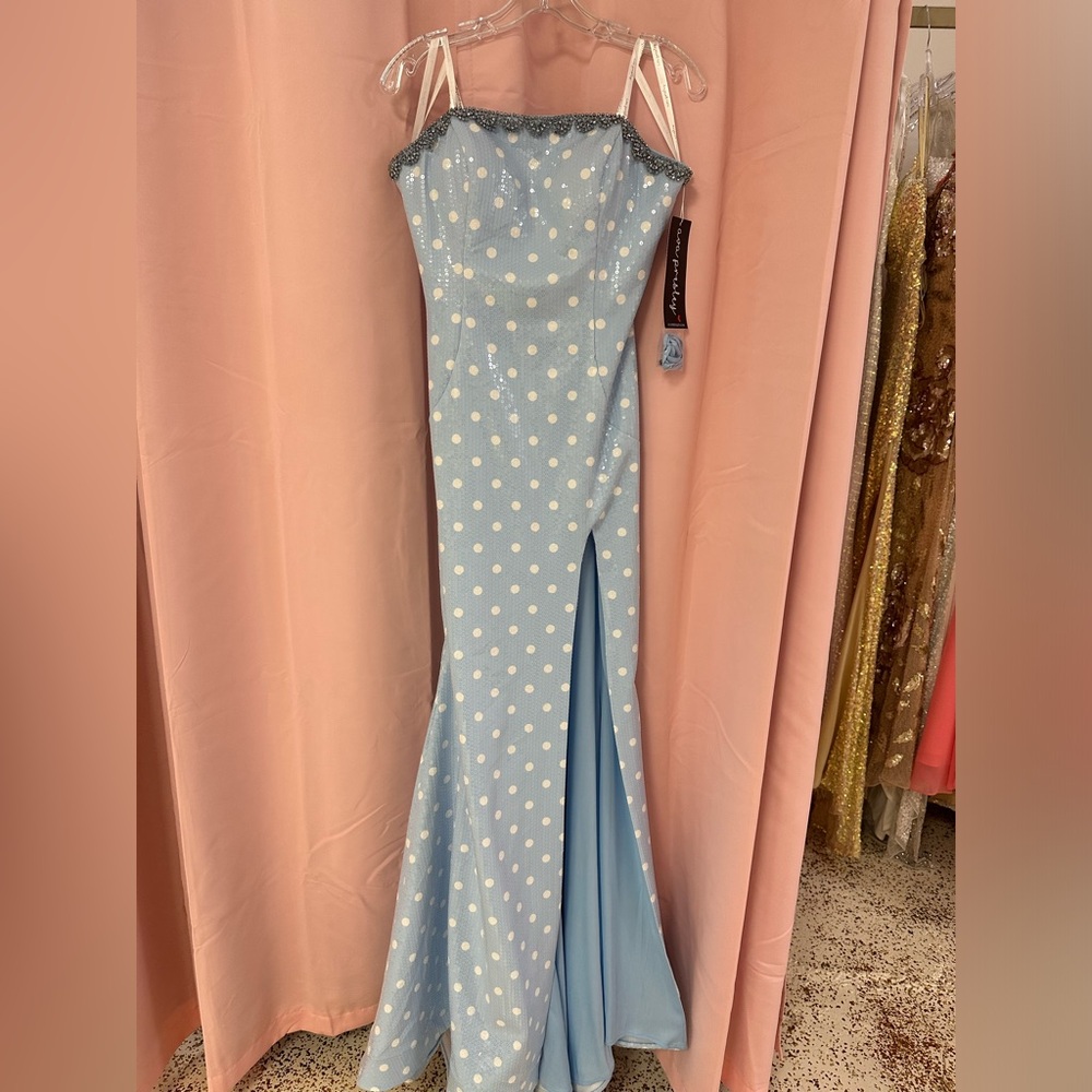 Blue Sleeveless Cowl Neck Gown with Slit